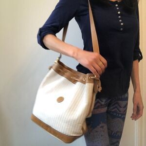 Fendi bucket bag white canvas brown leather trim